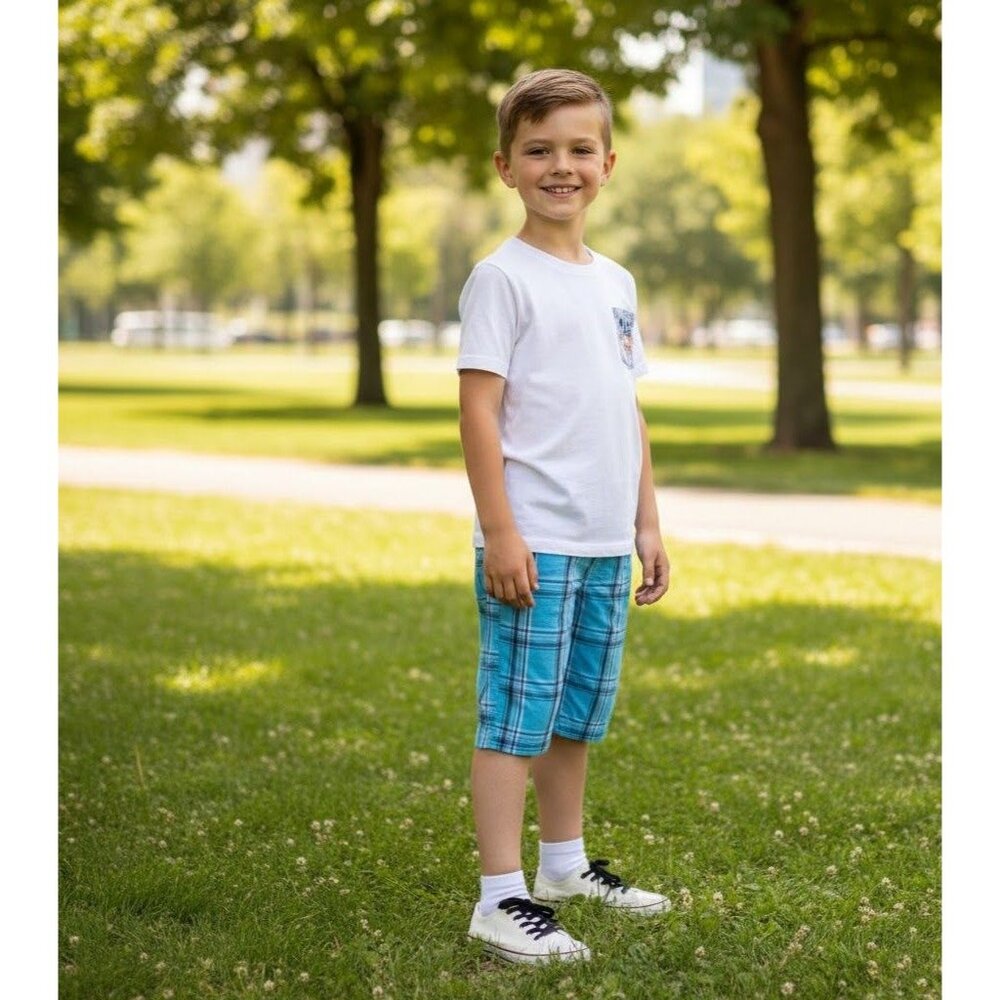 WWE Boys Blue Plaid Elastic Waist Shorts M8 Cotton Polyester Blend